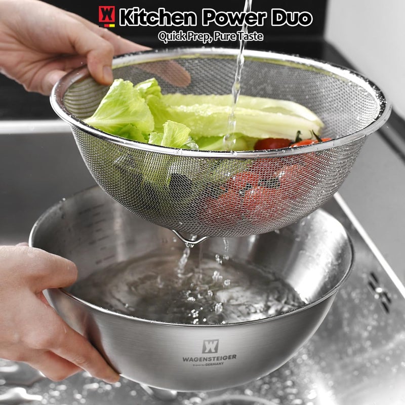 WAGENSTEIGER Stainless Steel Mixing Bowl and 3-Legged Colander Set, Multipurpose Kitchen Basket with Fine Mesh Colander, Salad Mixing Bowl with Strainer, Rinsing Vegetables & Fruits (24cm / 9.45") - Image 2