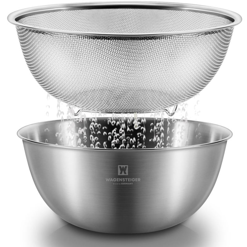 WAGENSTEIGER Stainless Steel Mixing Bowl and 3-Legged Colander Set, Multipurpose Kitchen Basket with Fine Mesh Colander, Salad Mixing Bowl with Strainer, Rinsing Vegetables & Fruits (24cm / 9.45") - Image 1