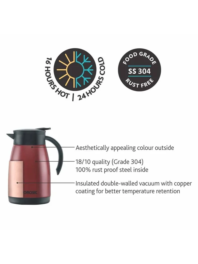 بوروسيل إبريق شاي ستانلس ستيل مفرغ أحمر ٧٥٠ مل
