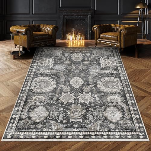 RUGSURE 5x7 Washable Area Rugs - Perfect Resistant Rug for Living Room, Bedroom, Kids Room, Nursery - Stain & Water Resistant Non-Slip, Pet & Child Friendly, Vintage Tribal Area Rugs (Grey, 5'x7') - Image 1