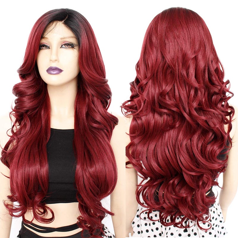 Ebingoo  Wig Cap 26 Inch Burgundy Lace Front Wigs with Dark Roots Wine Red Lace Front Wig With Baby Hair Ombre Red Lace Front Wigs for Women Daily Wear Party