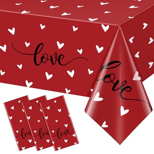 Jectivs 3Pack Valentine's Party Decorations,Disposable Red Love Hearts Tablecloths Rectangular Plastic Table Cover for Birthday Anniversary Engagement Weeding Valentine's Party Supplies, 54x108 Inch - Image 1