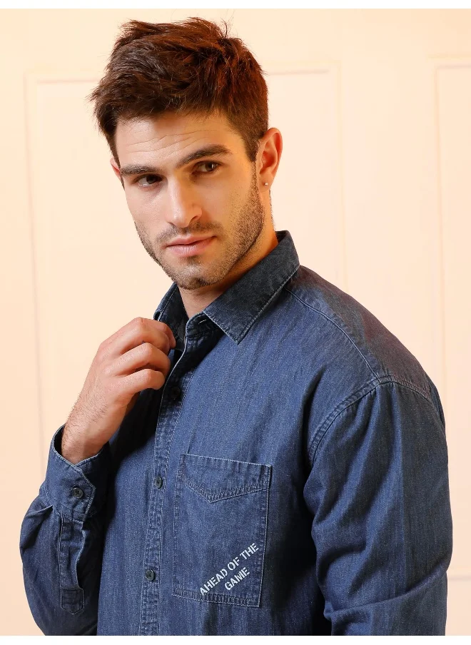 Beyoung Dark Blue Single Pocket Denim Shirt for Men