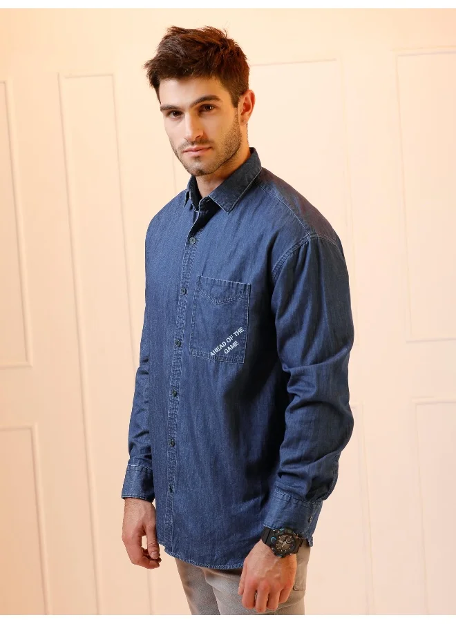 Beyoung Dark Blue Single Pocket Denim Shirt for Men