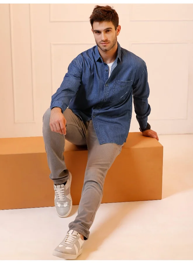Beyoung Dark Blue Single Pocket Denim Shirt for Men