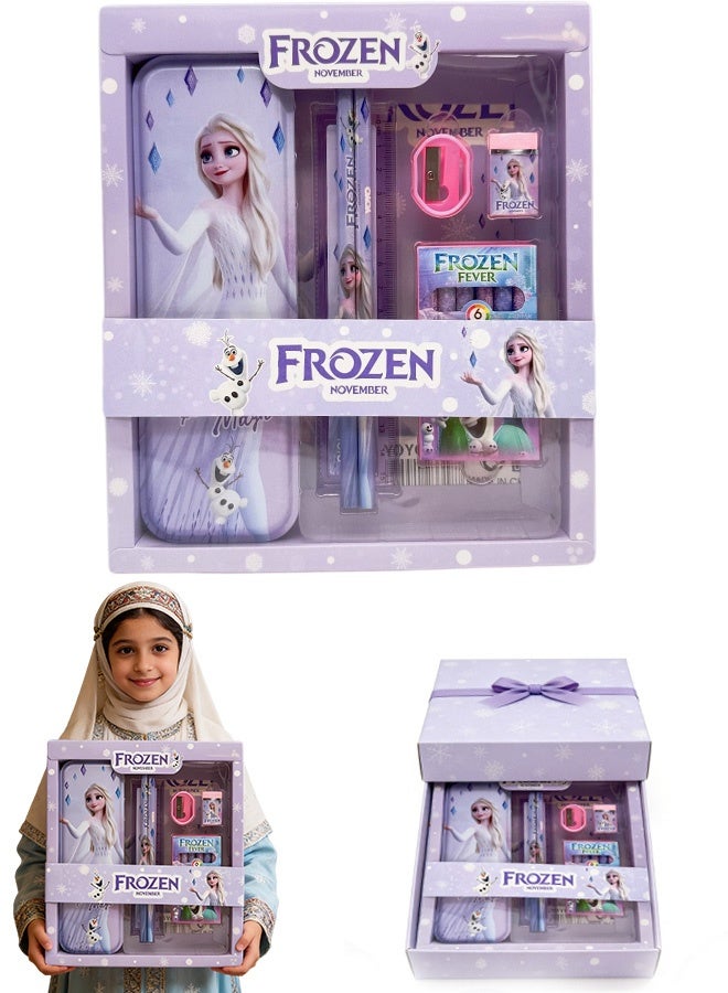 Frozen Theme School Stationery Set for Kids All in One Back to School Supplies Kit with Pencil Box Eraser Sharpener Ruler Crayons, Perfect Gift for Birthday Classroom Rewards School Rewards Party Favor