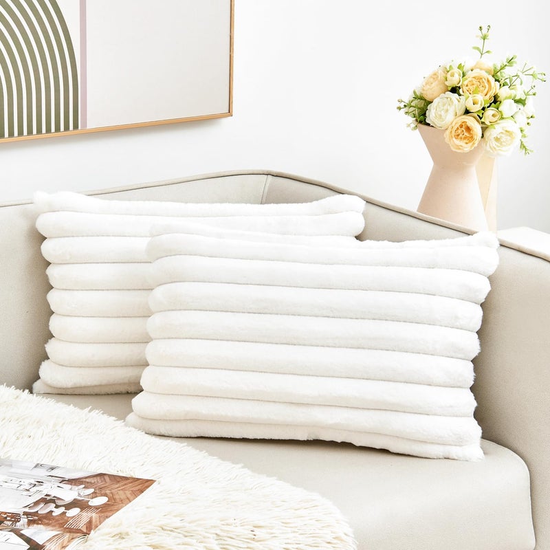 GriNeed Throw Pillow Covers Decorative Faux Fur Set of 2 12x20 Inch Pillow Covers, Soft Cream White Lumbar Plush Striped Pillowcases for Couch Sofa Bed Living Room, Fluffy Cute Home Boho Accent Decor - Image 1