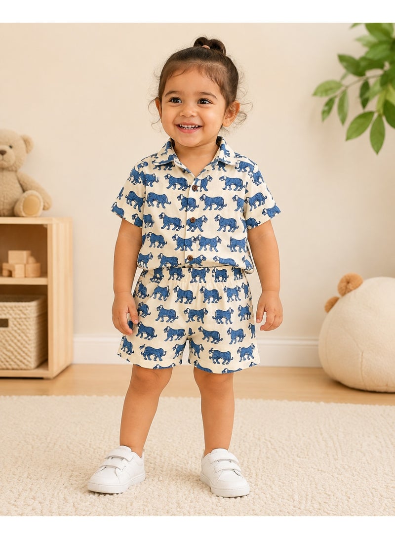 Matching Family Outfits Unisex Kids Indigo Tiger Print Short Sleeve Shirt and Shorts Co-ord Set, 2 Piece, Off-White & Blue - Image 3