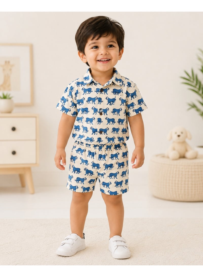 Matching Family Outfits Unisex Kids Indigo Tiger Print Short Sleeve Shirt and Shorts Co-ord Set, 2 Piece, Off-White & Blue - Image 4