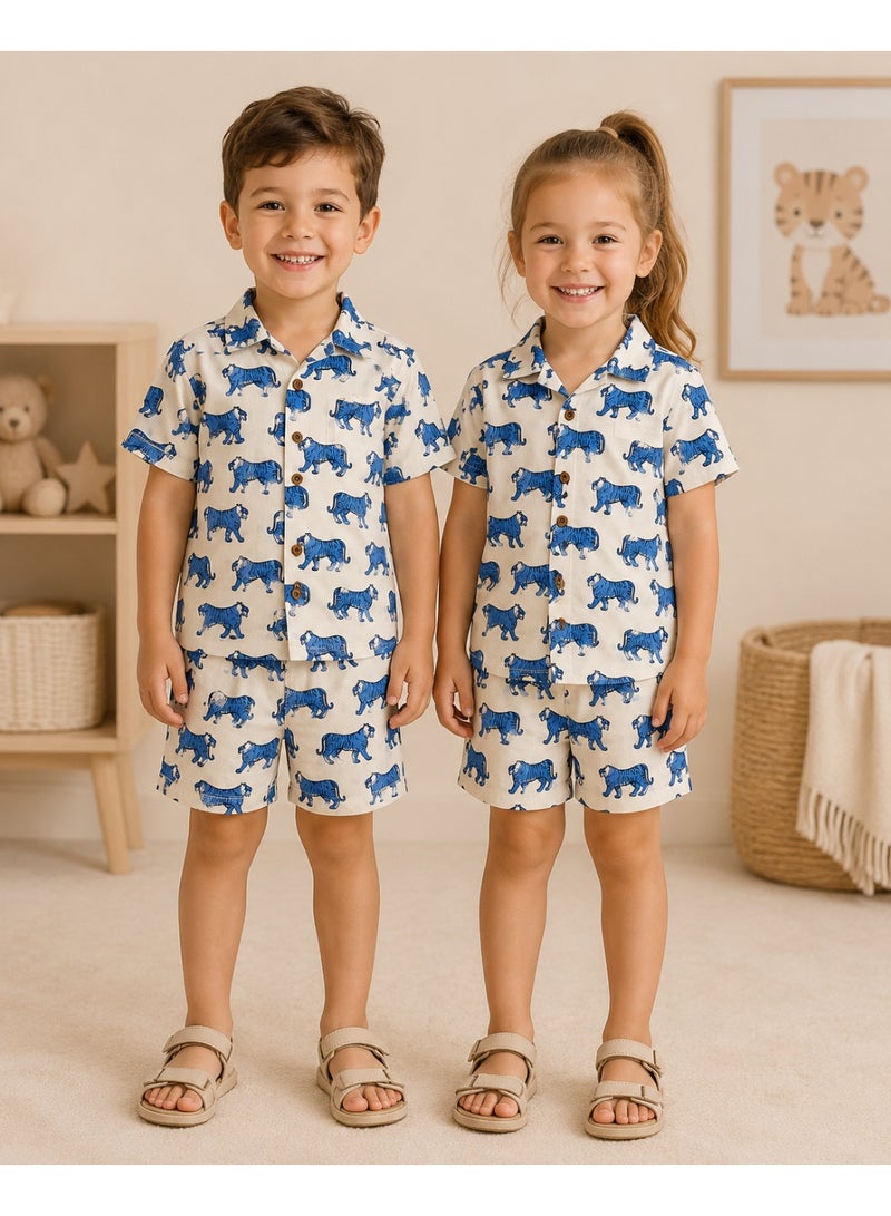 Matching Family Outfits Unisex Kids Indigo Tiger Print Short Sleeve Shirt and Shorts Co-ord Set, 2 Piece, Off-White & Blue - Image 1