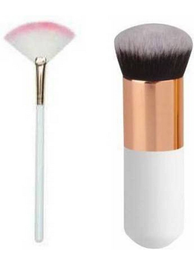 SUNISA 1 White Slim Fan Makeup Highlighter Cosmetic Makeup Brush And 1 White Mini Foundation Brush For Womens And Girls (Pack Of 2) - Image 1