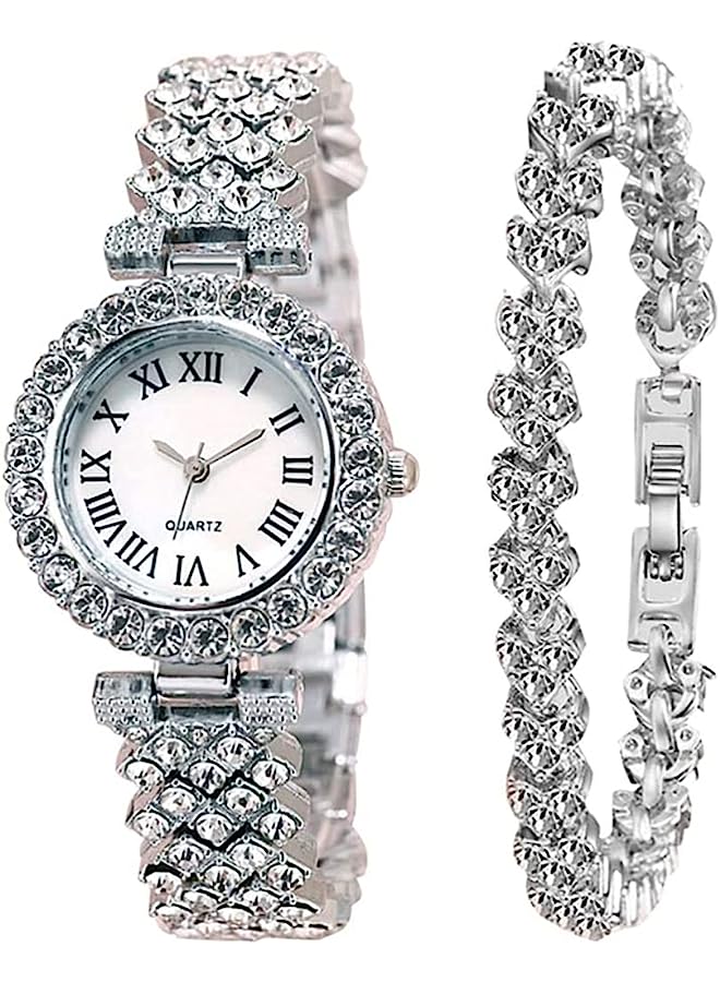 Goodern Rhinestone Watch Set Shiny Quartz Wrist Watch Luxury Diamond Shining Bling Watches With Stainless Steel Bracelet Gift For Wife Women Girls Friends Birthday Present Valentines Day - Silver - Image 1
