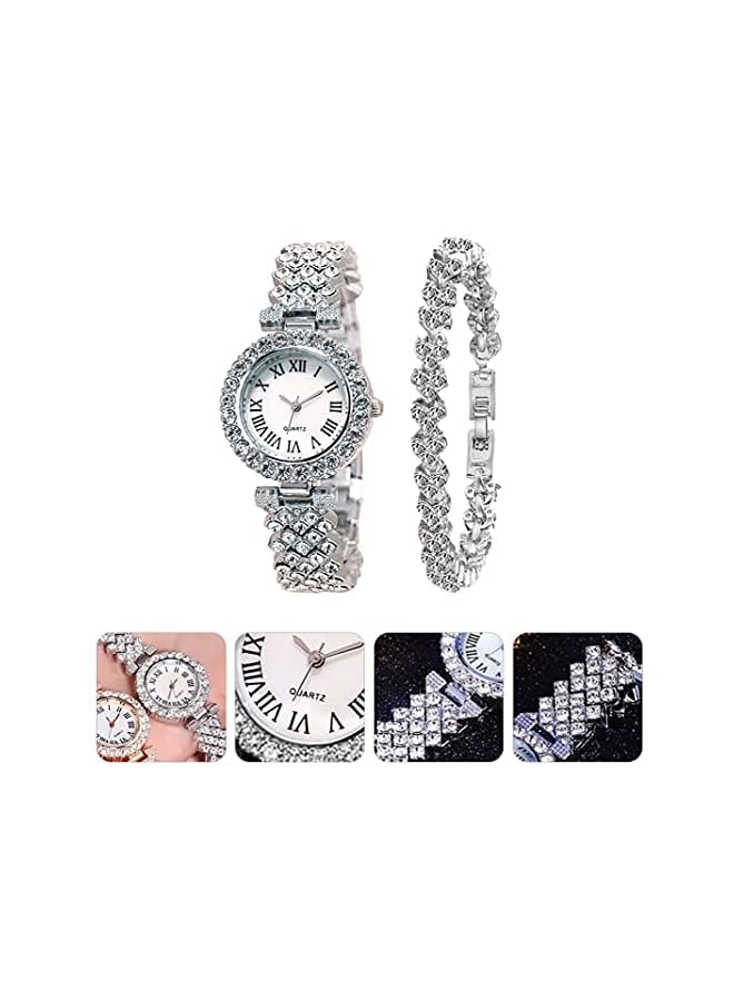 Goodern Rhinestone Watch Set Shiny Quartz Wrist Watch Luxury Diamond Shining Bling Watches With Stainless Steel Bracelet Gift For Wife Women Girls Friends Birthday Present Valentines Day - Silver - Image 5