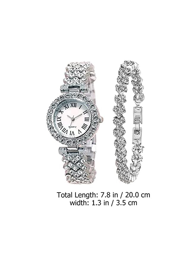 Goodern Rhinestone Watch Set Shiny Quartz Wrist Watch Luxury Diamond Shining Bling Watches With Stainless Steel Bracelet Gift For Wife Women Girls Friends Birthday Present Valentines Day - Silver - Image 2