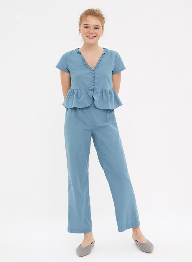 trendyol Blue Ruffle T-shirt-Pants Viscose Woven Pajamas Set  - Image 1