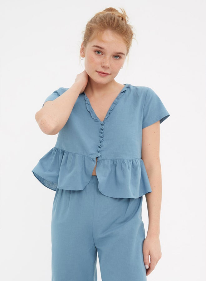 trendyol Blue Ruffle T-shirt-Pants Viscose Woven Pajamas Set  - Image 3