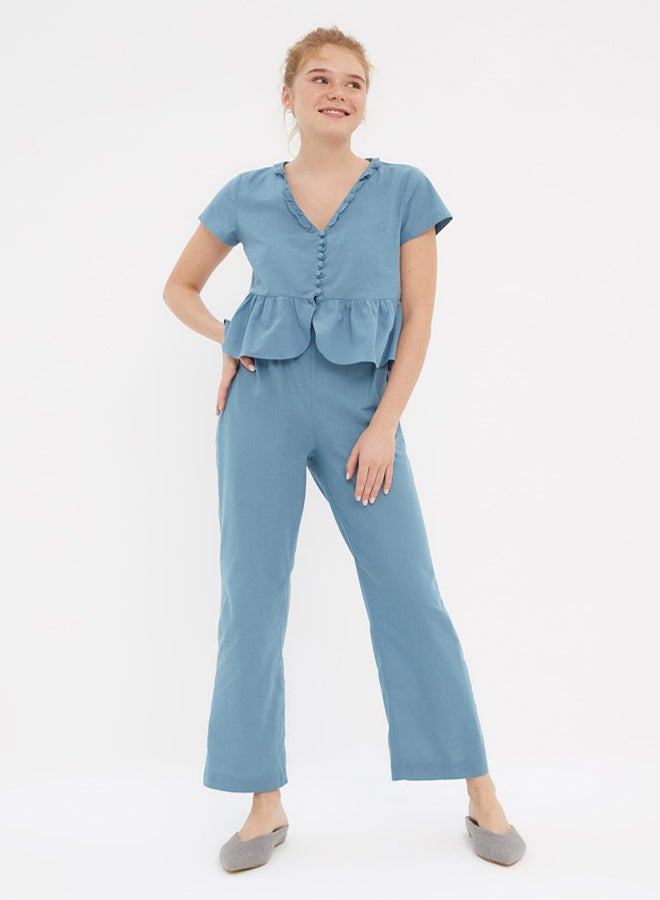 trendyol Blue Ruffle T-shirt-Pants Viscose Woven Pajamas Set  - Image 2