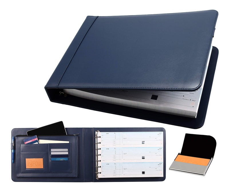 2Fold Business Check Binder 7 Ring for 3-Up Business Size Checks with Extra Business Card Case - PU Leather Deluxe 7 Ring Checkbook Binder Portfolio with 600 Check Capacity and Storage - Image 1