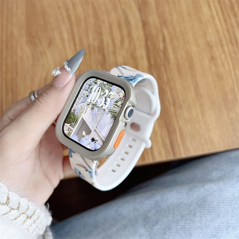 Lilac Floral Silicone Watch Band With Protective Case For 44mm 45mm Smartwatch - Image 2