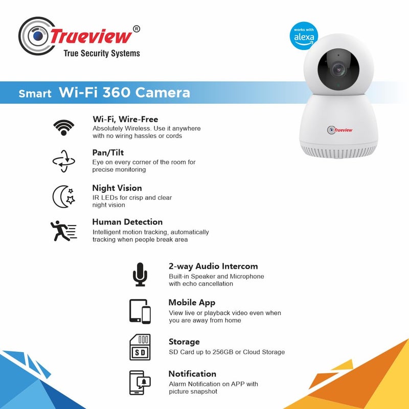 Trueview 2MP Smart CCTV Wifi Home Security Camera with Pan Tilt 360 View 2 Way Talk Cloud Monitor Motion Detect Supports SD Card Up to 256 GB Night Vision Alexa 2mpRobot - Image 3