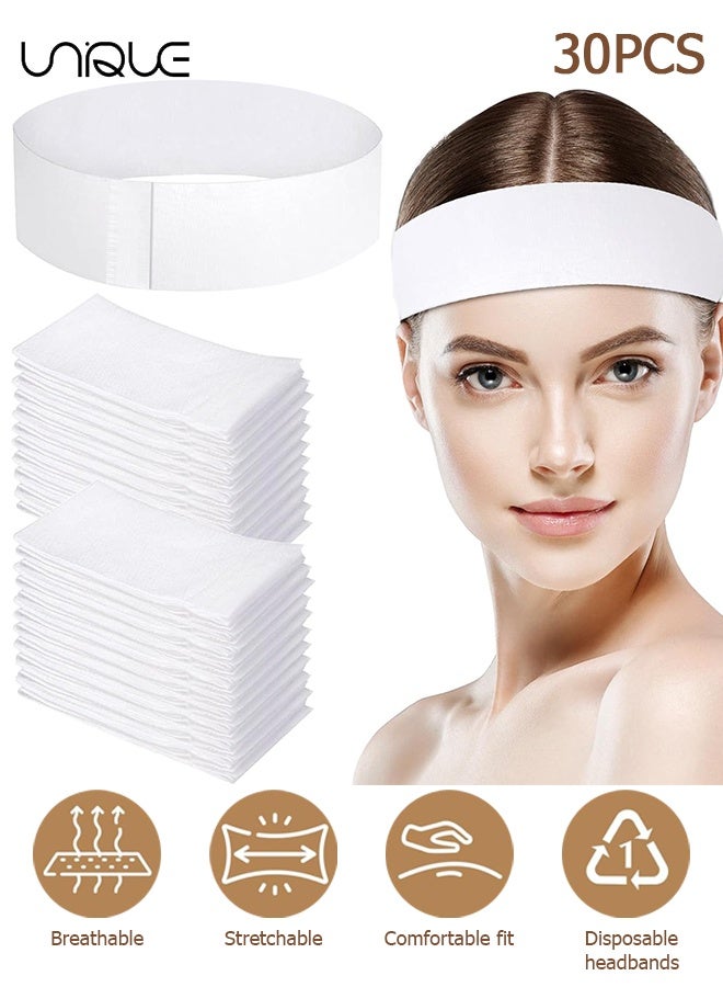 Unique 30 PCS Disposable Spa Facial Headbands - Elastic Headband Wrap with Adjustable Magic Tape, Stretch Non-Woven Facial Bandeau, Soft Skin Care Essential Headband with Convenient Closure - Closure Salons - Individually Packaged (White) - Image 1
