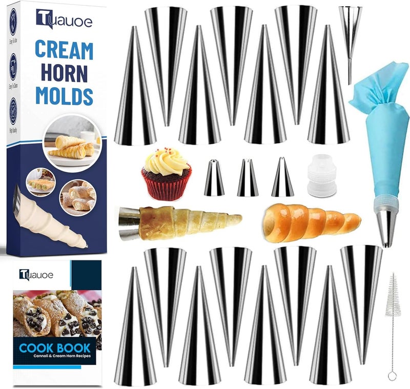 Tuauoe Cream Horn Molds for Baking, 23pcs Horn Forms Set, Non-stick Stainless Steel 15pcs Cone Shaped with Cleaning Brush, Piping Tip, Piping Bag, for ice Cream Cones, Puff Pastry, Baking Cones - Image 1