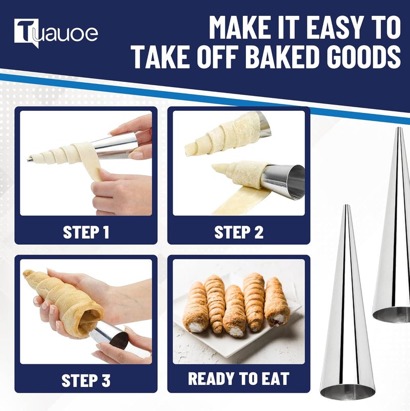 Tuauoe Cream Horn Molds for Baking, 23pcs Horn Forms Set, Non-stick Stainless Steel 15pcs Cone Shaped with Cleaning Brush, Piping Tip, Piping Bag, for ice Cream Cones, Puff Pastry, Baking Cones - Image 5