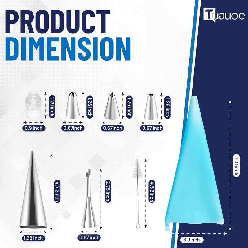 Tuauoe Cream Horn Molds for Baking, 23pcs Horn Forms Set, Non-stick Stainless Steel 15pcs Cone Shaped with Cleaning Brush, Piping Tip, Piping Bag, for ice Cream Cones, Puff Pastry, Baking Cones - Image 2
