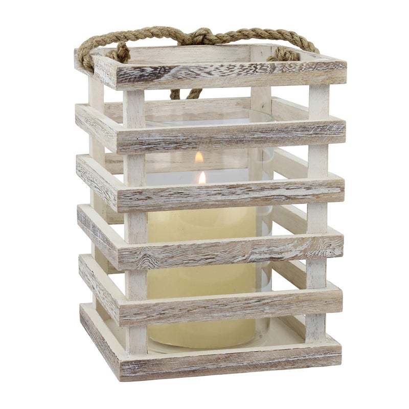 Stonebriar SB5080B Worn White Wooden Beach House Candle Lantern with Rope Handle and Removable Glass Cylinder Hurricane MEDIUM