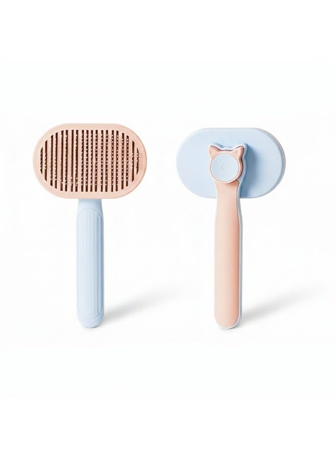 إيبت فرشاة تمشيط شعر الحيوانات الأليفة للقطط والكلاب - فرشاة تنظيف ذاتية بنقرة واحدة لإزالة الشعر المتساقط وفك التشابك - أداة تدليك سهلة لإزالة الشعر للحيوانات الأليفة ذات الشعر القصير والطويل (وردي وأزرق) - Image 1