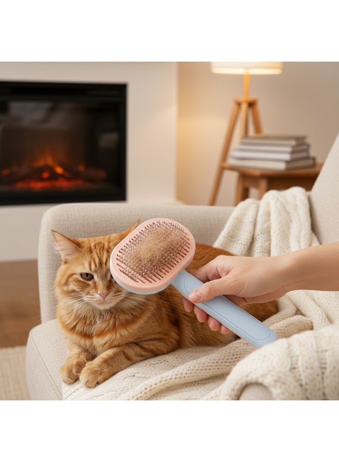 إيبت فرشاة تمشيط شعر الحيوانات الأليفة للقطط والكلاب - فرشاة تنظيف ذاتية بنقرة واحدة لإزالة الشعر المتساقط وفك التشابك - أداة تدليك سهلة لإزالة الشعر للحيوانات الأليفة ذات الشعر القصير والطويل (وردي وأزرق) - Image 4