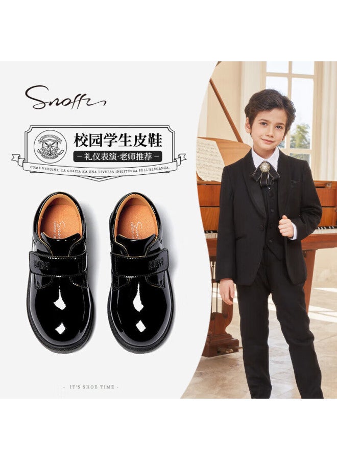 Snoffy Sinafei Boys' Black Leather Shoes, Spring Children's Leather Shoes, Performance Shoes, School Performance Shoes, Big Kids' Soft-soled Flats, Glossy Black, Size 31 - Image 1