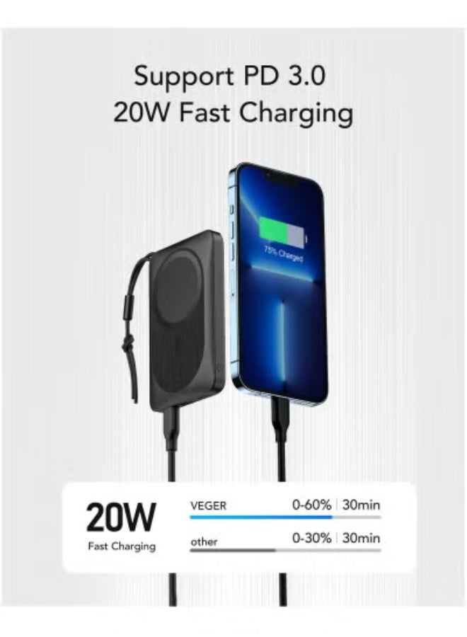 VEGER 10000mAh PD20W Portable Power Bank – Magnetic Wireless 15W Fast Charging Slim Pocket Charger with PD3.0 Super Charge, USB & Type-C Outputs – Travel-Friendly Backup Battery for Smartphones & Gadgets - Image 5