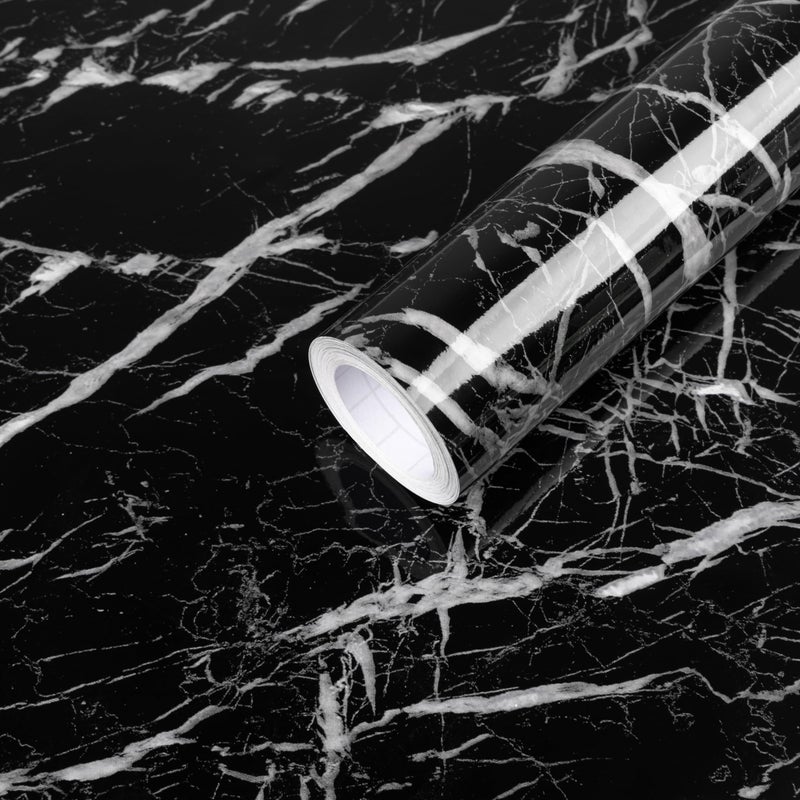 Abyssaly Black and White Marble Contact Paper, Granite Kitchen Wallpaper Peel and Stick Countertops, Glossy Self Adhesive Removable Marble Counter Paper Roll for Cabinets 15.7in X 118in - Image 1