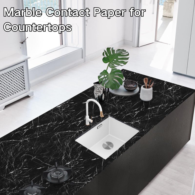 Abyssaly Black and White Marble Contact Paper, Granite Kitchen Wallpaper Peel and Stick Countertops, Glossy Self Adhesive Removable Marble Counter Paper Roll for Cabinets 15.7in X 118in - Image 2