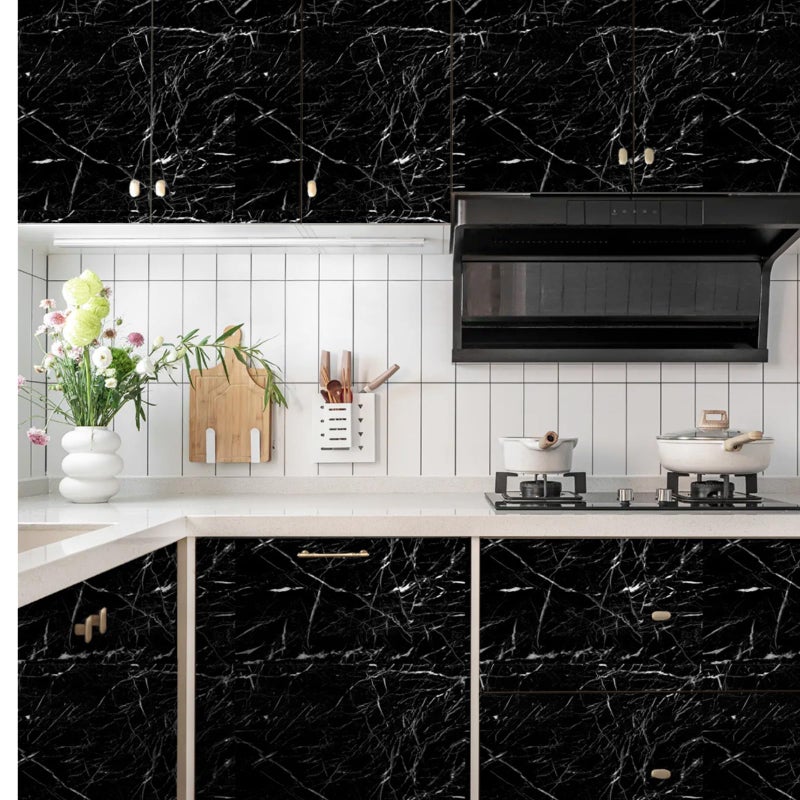 Abyssaly Black and White Marble Contact Paper, Granite Kitchen Wallpaper Peel and Stick Countertops, Glossy Self Adhesive Removable Marble Counter Paper Roll for Cabinets 15.7in X 118in - Image 4