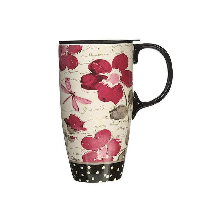 DUSVALLY Travel Coffee Mug Ceramic Cup with Lid Latte Mug 17ozRed Flower