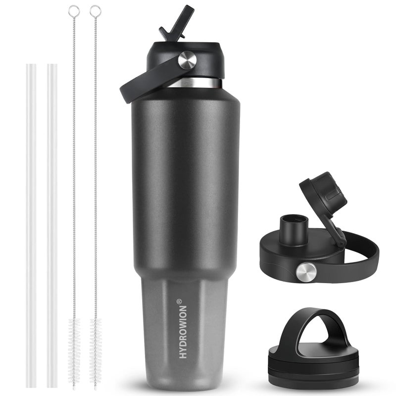 HYDROWION 32 oz Insulated Water Bottle, Car Water Bottle Holder - Double Wall Vacuum Insulated Travel Bottle with Straw Lid, Spout Lid and Flex Cap - Cold for 24H, Hot for 12H, Black - Grey - Image 1