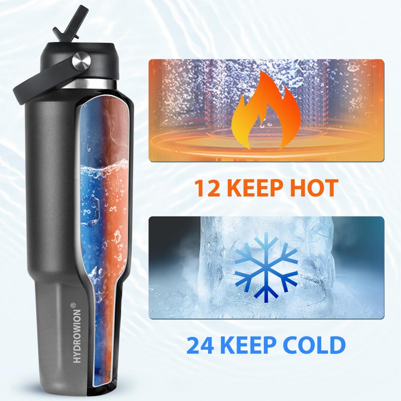 HYDROWION 32 oz Insulated Water Bottle, Car Water Bottle Holder - Double Wall Vacuum Insulated Travel Bottle with Straw Lid, Spout Lid and Flex Cap - Cold for 24H, Hot for 12H, Black - Grey - Image 3