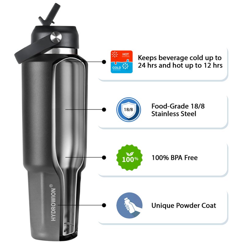 HYDROWION 32 oz Insulated Water Bottle, Car Water Bottle Holder - Double Wall Vacuum Insulated Travel Bottle with Straw Lid, Spout Lid and Flex Cap - Cold for 24H, Hot for 12H, Black - Grey - Image 5