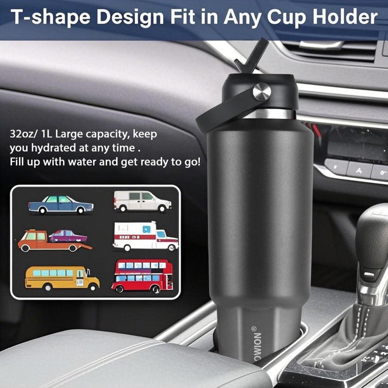 HYDROWION 32 oz Insulated Water Bottle, Car Water Bottle Holder - Double Wall Vacuum Insulated Travel Bottle with Straw Lid, Spout Lid and Flex Cap - Cold for 24H, Hot for 12H, Black - Grey - Image 2