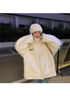 Womens Thickened Fleece-Lined Lamb Wool Jacket Winter Versatile Cotton-Padded Coat Student Simple New Ins Fleece Sweatshirt White
