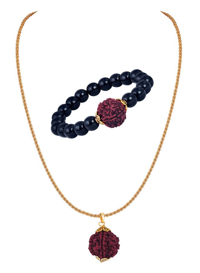 JFL-Jewellery for Less Black Onyx Stone and Panch Mukhi Rudraksha Stretchable Bracelet and Gold Plated Panch Mukhi Rudraksha Pendant with Chain for Men and Boys.,Valentine - Image 1