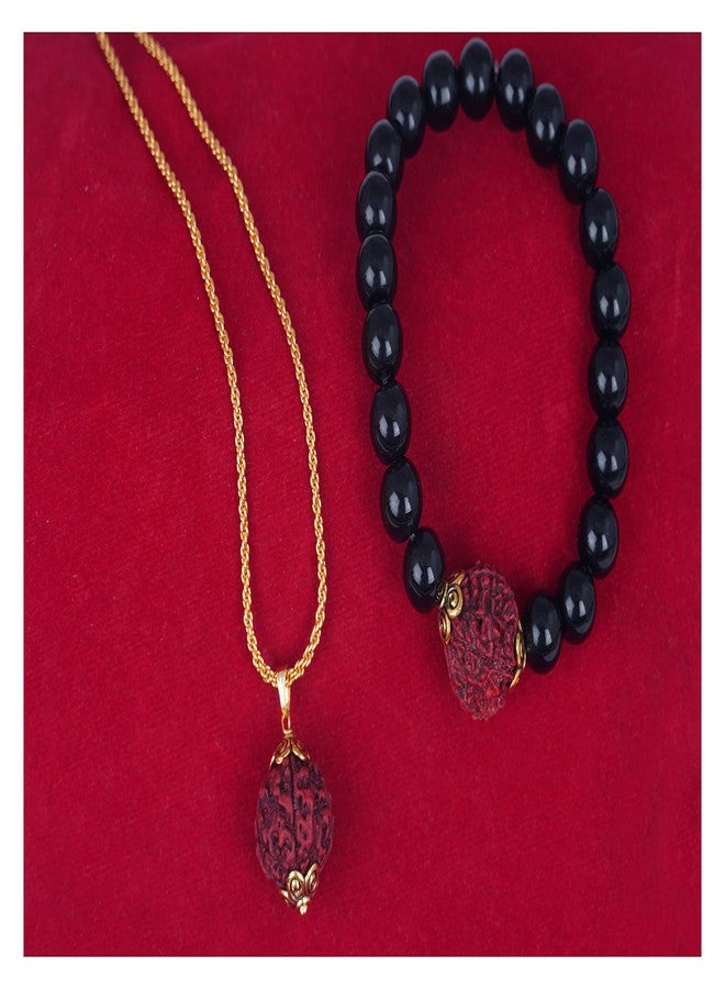 JFL-Jewellery for Less Black Onyx Stone and Panch Mukhi Rudraksha Stretchable Bracelet and Gold Plated Panch Mukhi Rudraksha Pendant with Chain for Men and Boys.,Valentine - Image 3