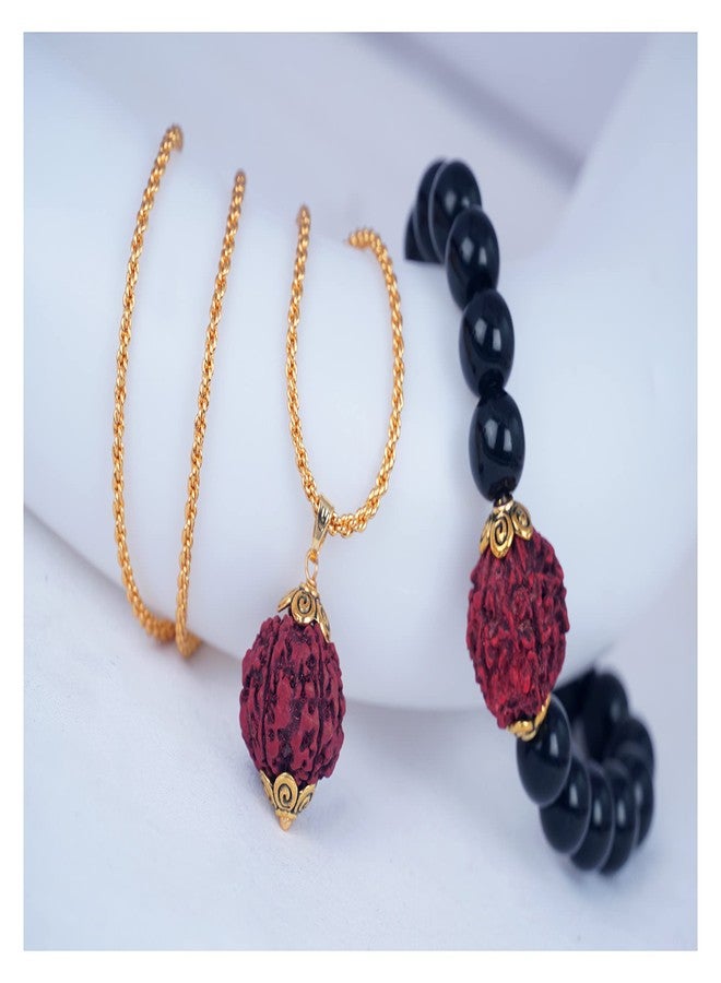 JFL-Jewellery for Less Black Onyx Stone and Panch Mukhi Rudraksha Stretchable Bracelet and Gold Plated Panch Mukhi Rudraksha Pendant with Chain for Men and Boys.,Valentine - Image 2