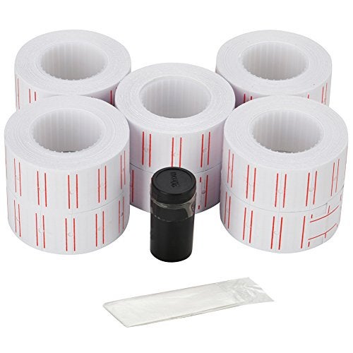 MFLABEL 10 Rolls 6000 White Price Gun Labels for Mx-5500 - with Double Red Line Visibility, Refill Ink Roll & Disposable Gloves for Easy Loading - Image 1