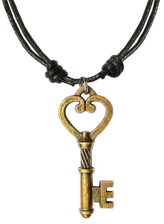 Bijoux de Ja Antique Bronze Unisex Skeleton Key Charm Pendant Adjustable Waxed Cord Necklace 16" (SKBzPNL) - Image 1