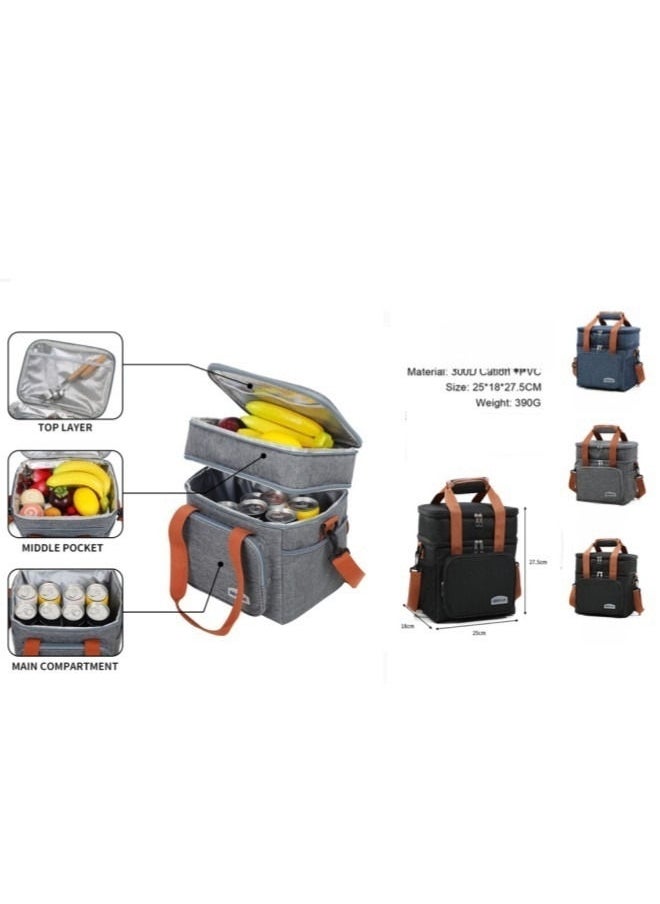 Brivilas - Double Layered Crossbody Thickened Insulated Lunch Bag Portable Outdoor Lunch BoxOxford Grey 24.5x21.5x14.5 - Image 1