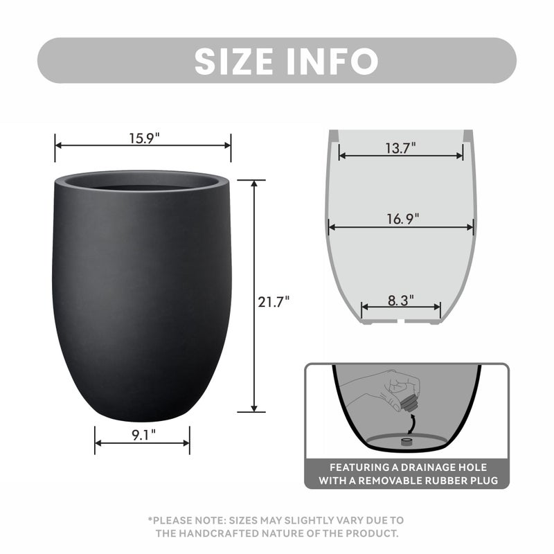 Kante Tall Concrete Planter, 21.7-Inch Height Black Large Indoor Outdoor Plant Pot with Drainage Hole for Patio Garden Home, Modern Decor for Flowers and Tree - Image 2