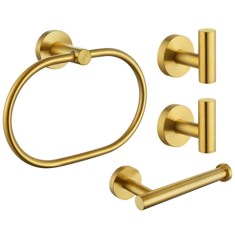 Bathroom Hardware Set 4Piece Brushed Gold Angle Simple SUS304 Stainless Steel Bathroom Fixtures Accessory Kit with Towel Hook X 2 Toilet Paper Holder and Rotary Towel Ring Wall Mount